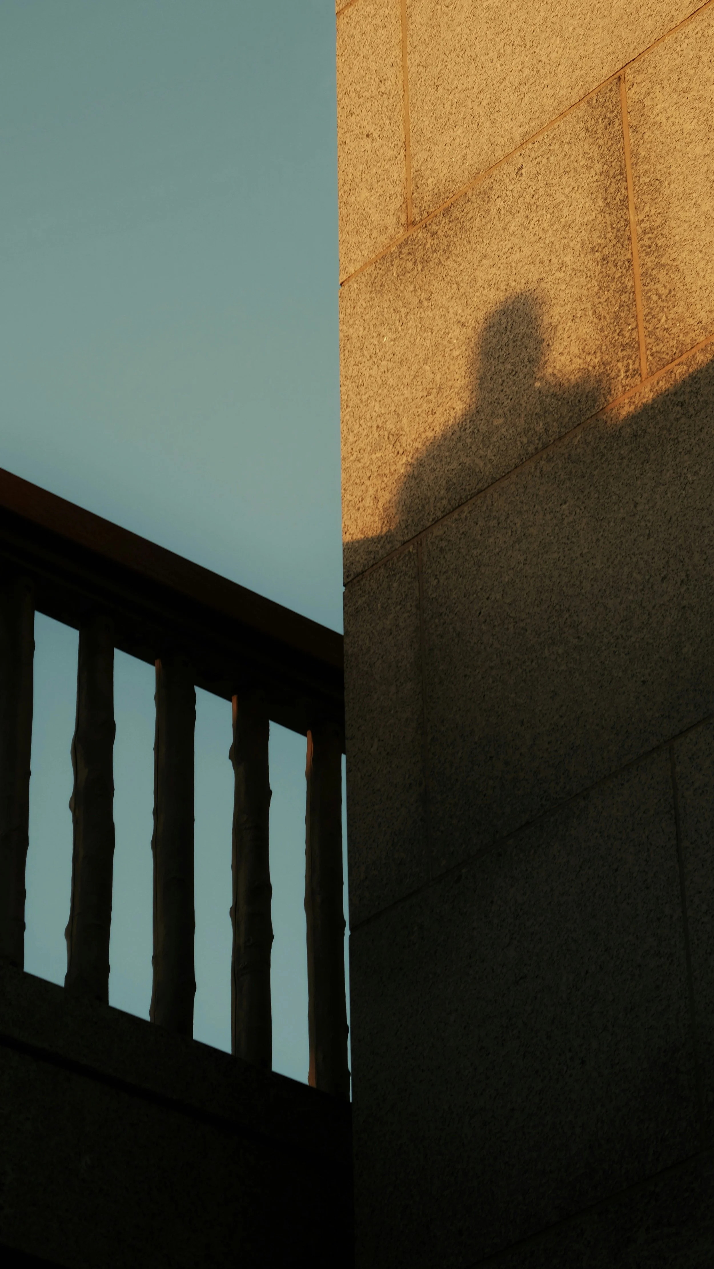 Part of a building exterior with a brown brick wall, a small section of a wooden railing, and a clear sky in the background.
