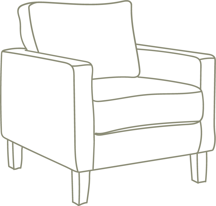 A line drawing of a single armchair with a cushion, four legs, featuring a simple and modern design.