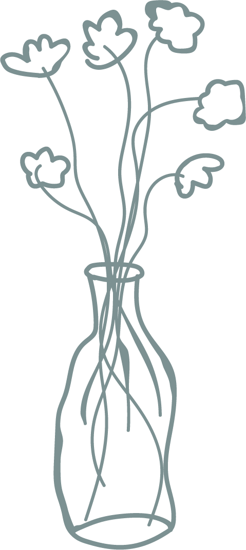 Line drawing of a vase with flowers