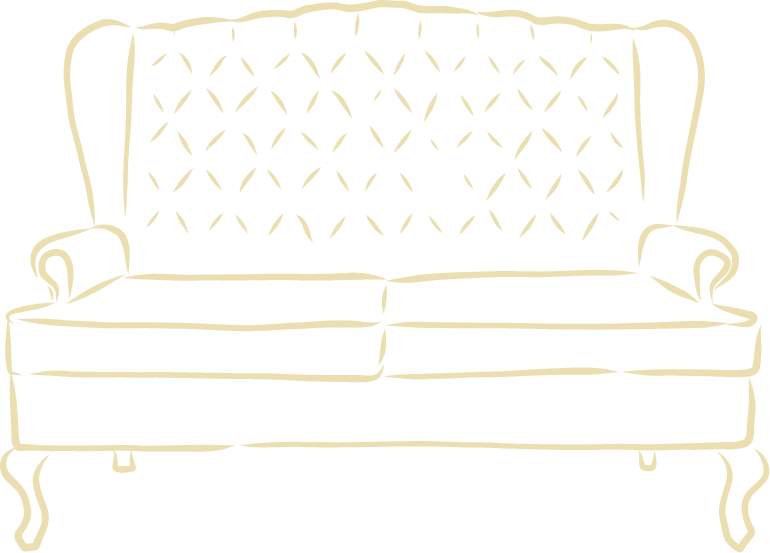 Vintage-style sofa with quilted backrest and curved armrests, cream-colored outlines on a black background.