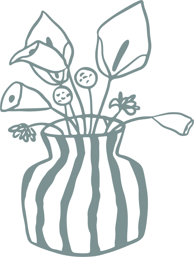 Line drawing of a vase with flowers and leaves on a black background.