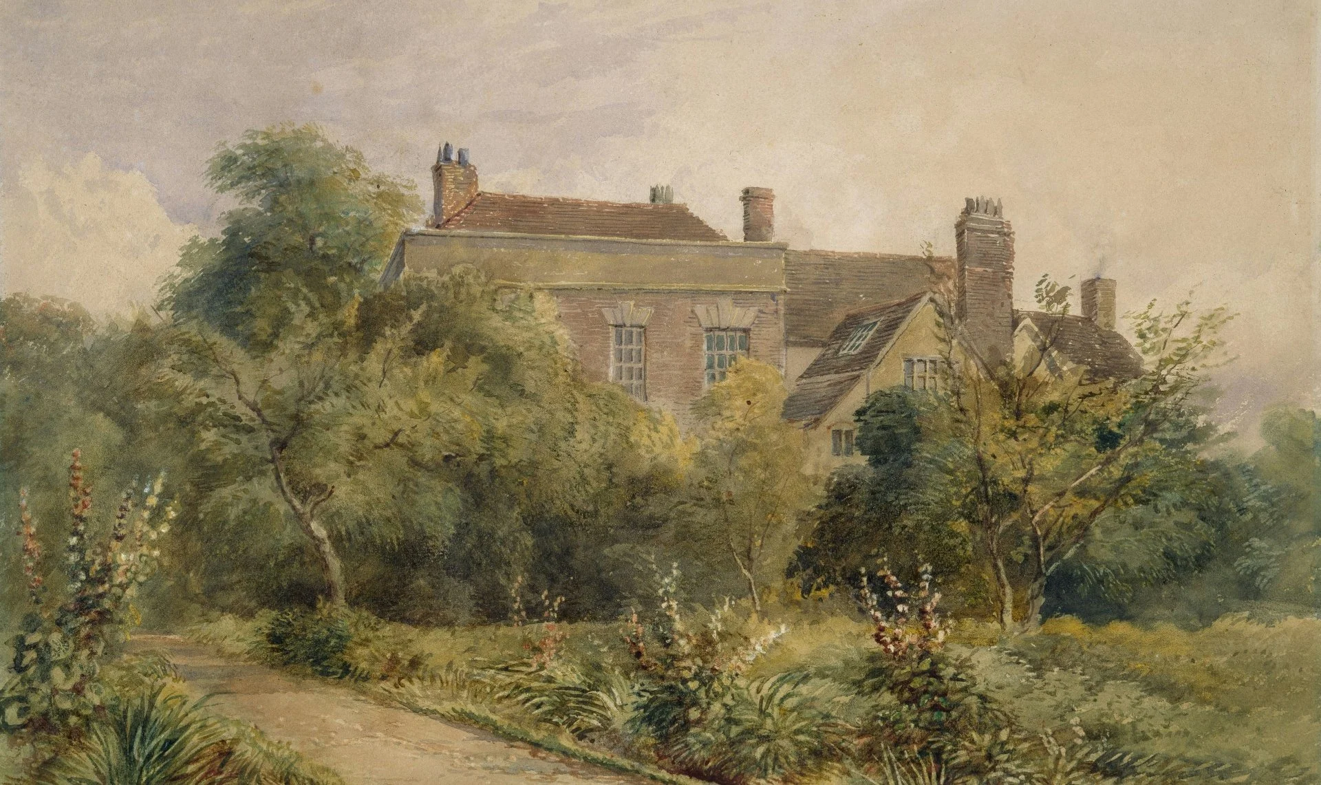 A watercolor painting of a large house with red brick walls, multiple chimneys, and a sloped roof, surrounded by green trees and bushes outdoors.