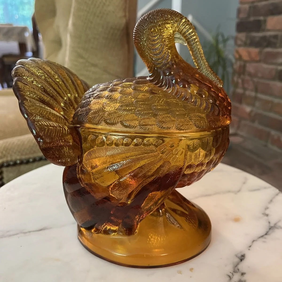 LE Smith Glass Amber 2-piece Turkey Lid and Base Candy Dish Marked "S"