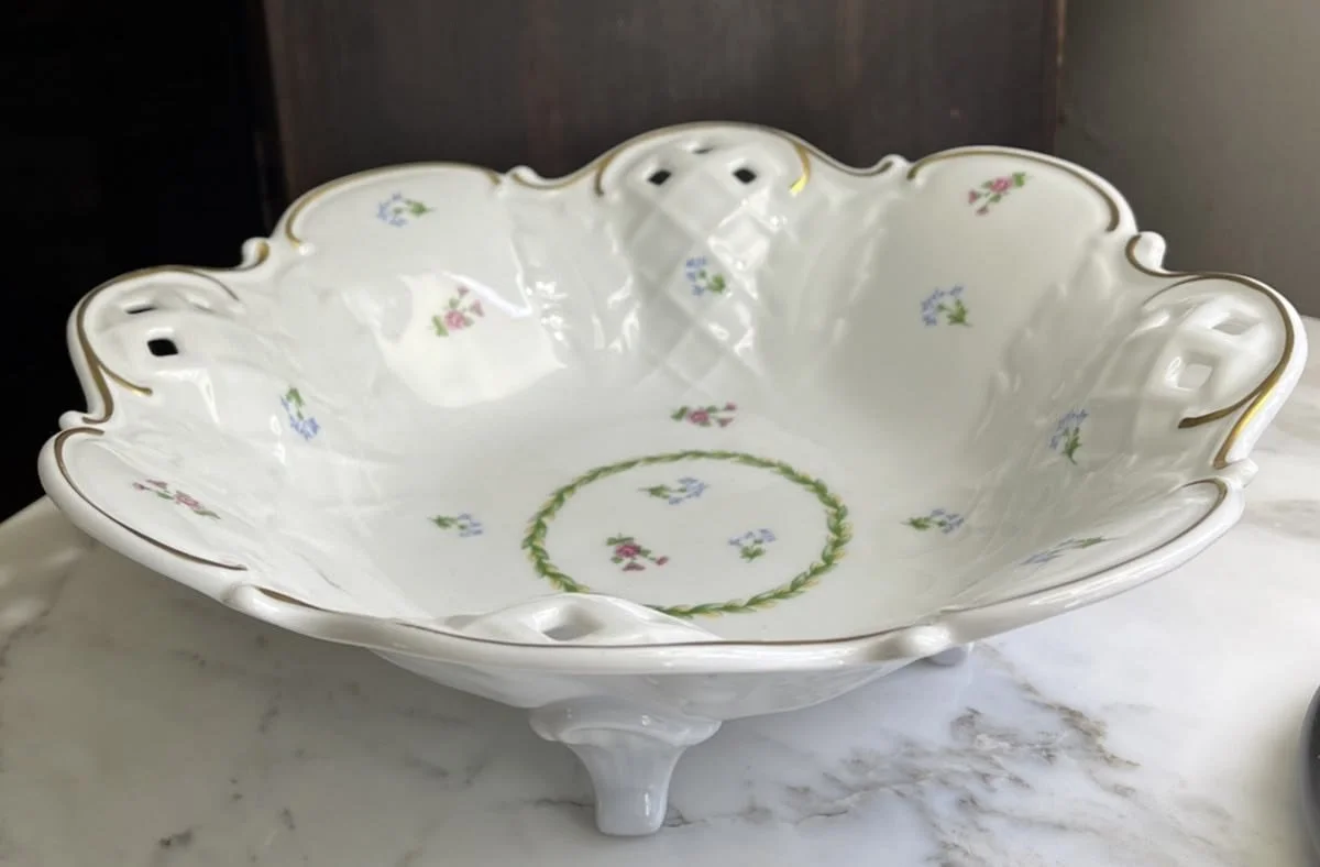 Vtg Reichenbach German GDR Fine China Footed Serving Bowl Reticulated Floral Gold

