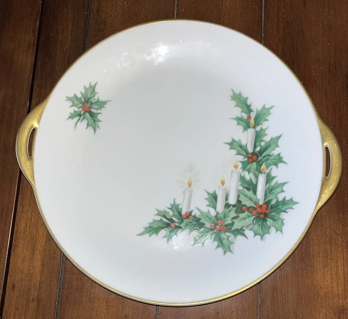 Vtg Tirschenreuth Noel Cake Plate with Handles Holly Candles 11" 