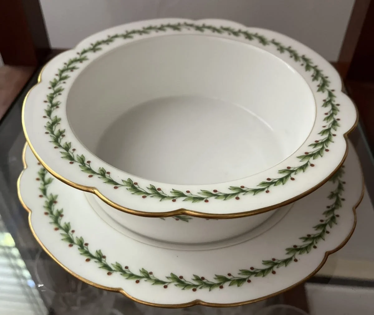 Antique Limoges France Christmas HOlly Berry Serving Bowl Underplate Higgins-Seiter