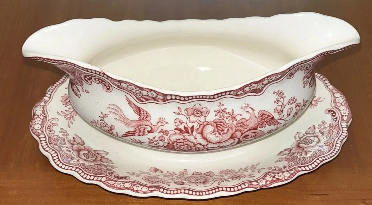 Vintage Crown Ducal Boat and Underplate Bristol Red Transferware Ironstone 