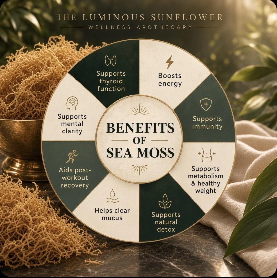 A circular infographic showing the benefits of sea moss, including supporting thyroid function, boosting energy, supporting immunity, supporting metabolism and healthy weight, supporting natural detox, helping clear mucus, aiding post-workout recovery, and supporting mental clarity. The infographic is set against a background with sea moss and green foliage.