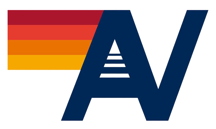 Logo with a stylized capital letter A, a capital V, and horizontal stripes in red, orange, and yellow in the background.