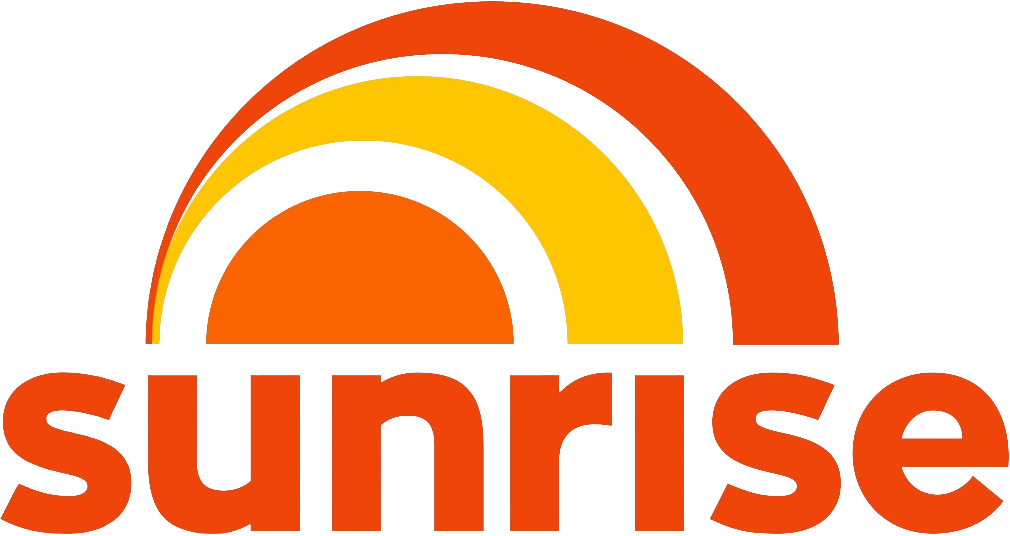 A graphic logo featuring a stylized sunrise with orange, yellow, and red semi-circles above the word "sunrise" in bold orange text.