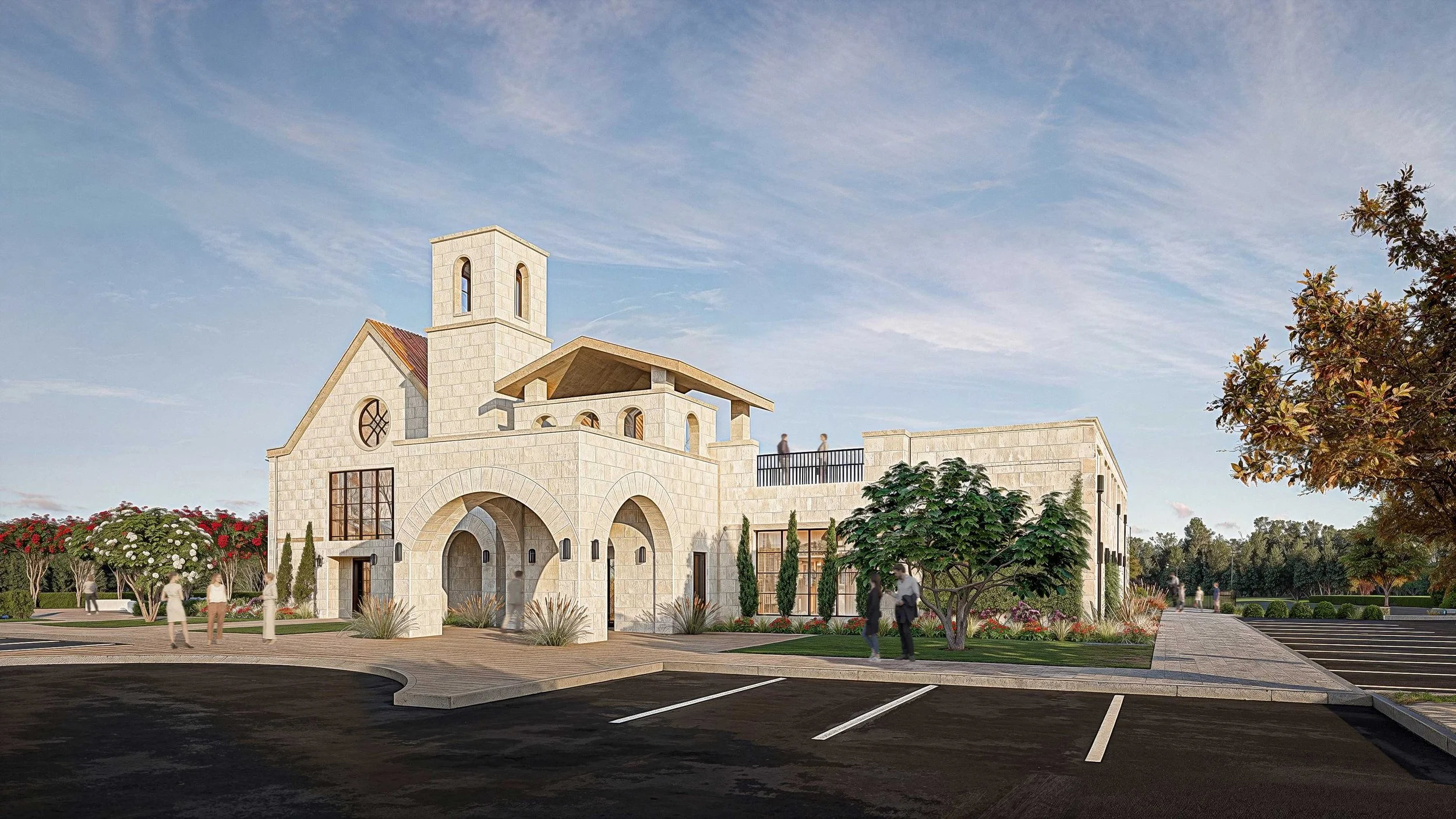The front stone facade of Cana Chapel at Firefly Park in Frisco