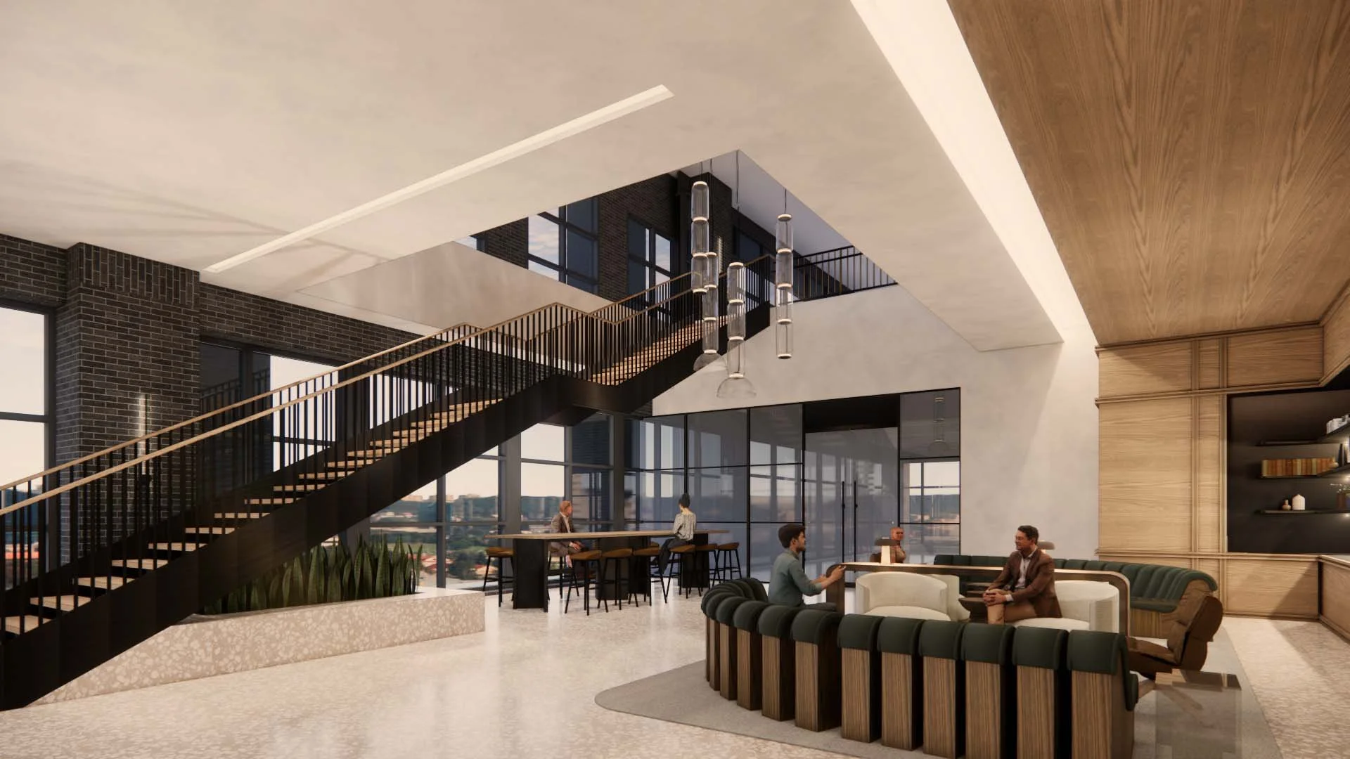 Office lobby with a black staircase and seating