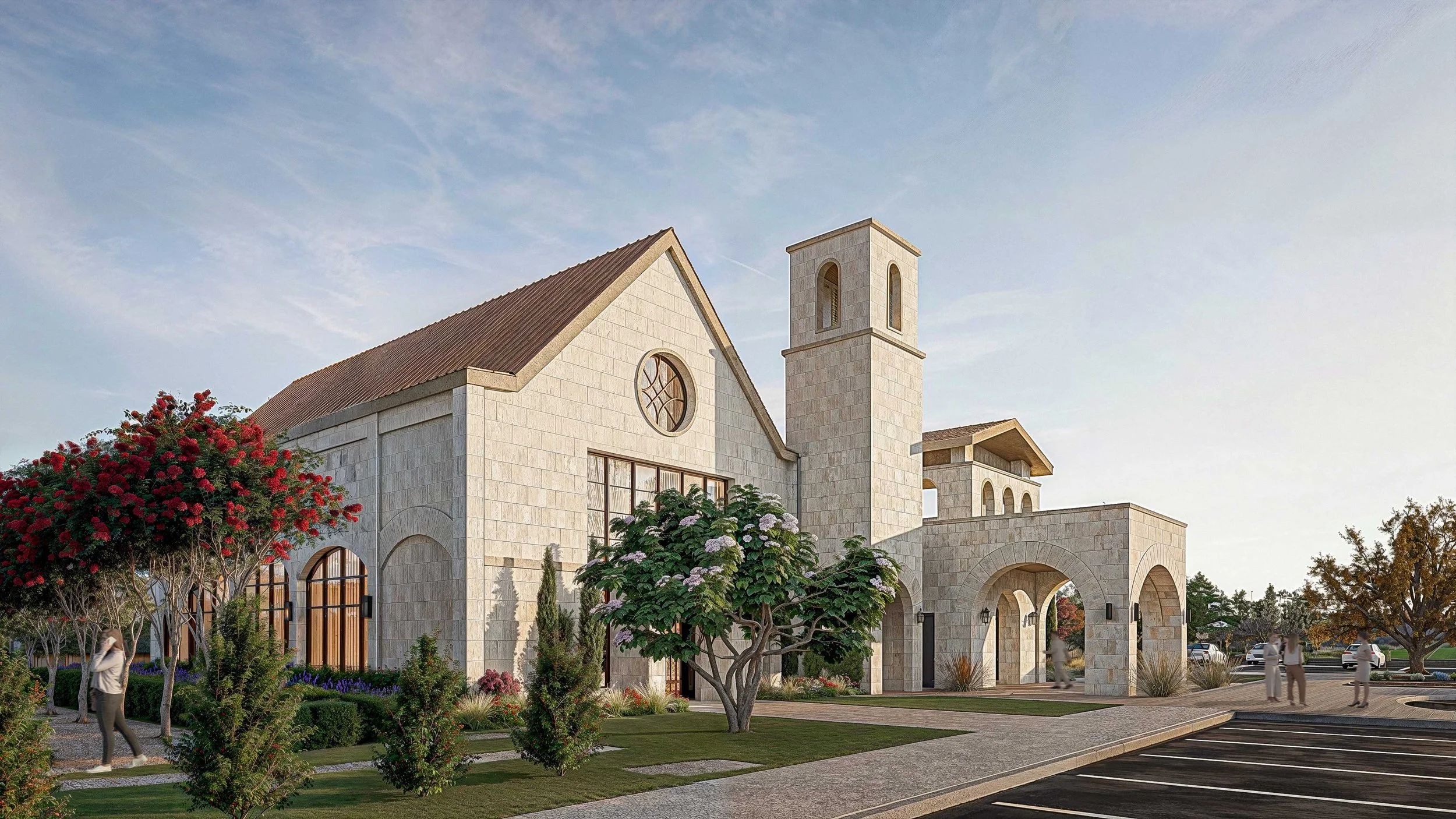 Stone chapel with stained glass