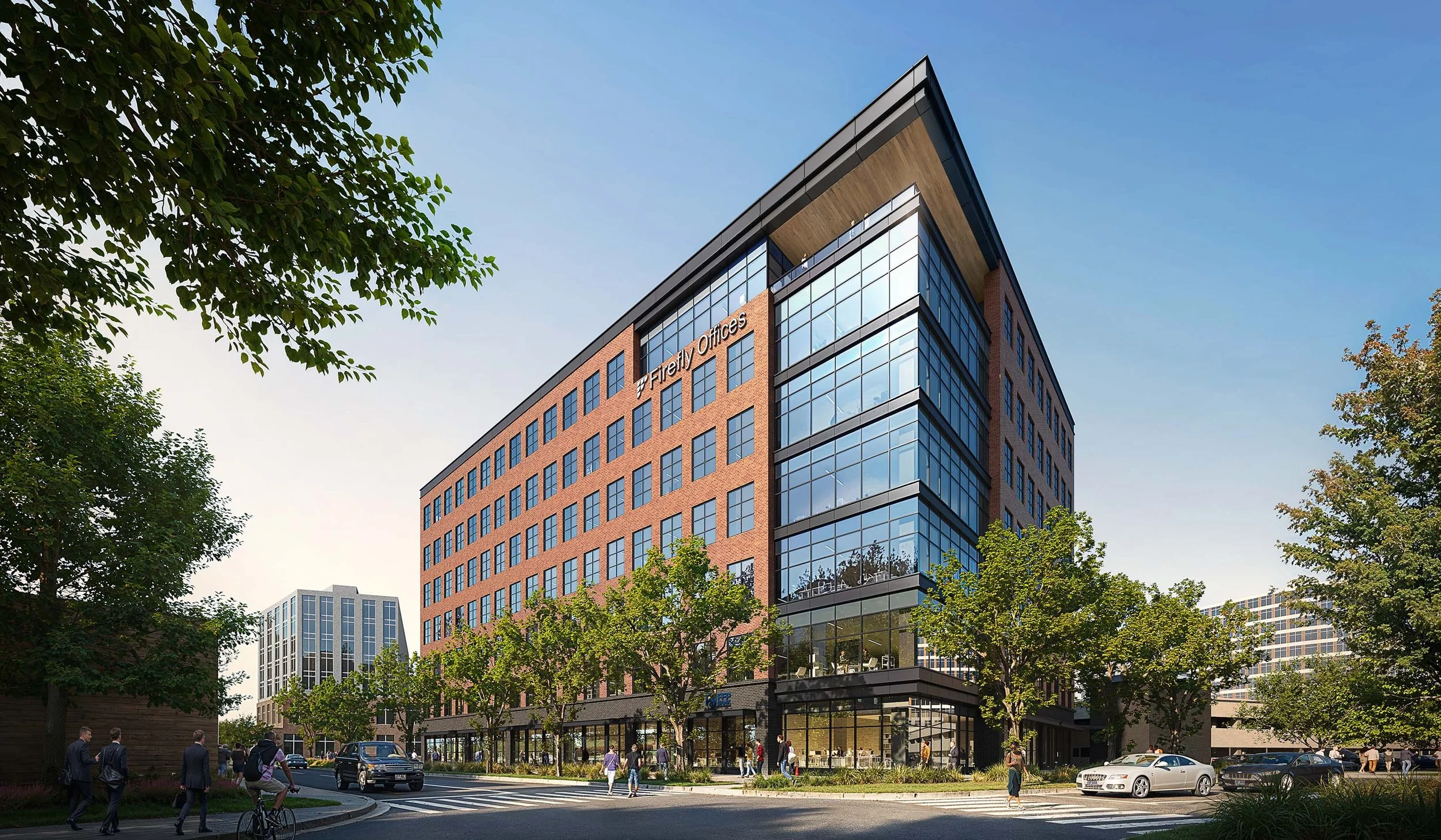 A 7-story brick office building with glass windows throughout