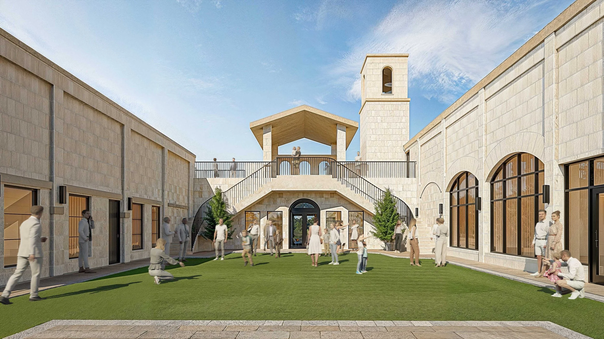 A courtyard with two stone staircases leading to a lawn area at Cana Chapel in Frisco
