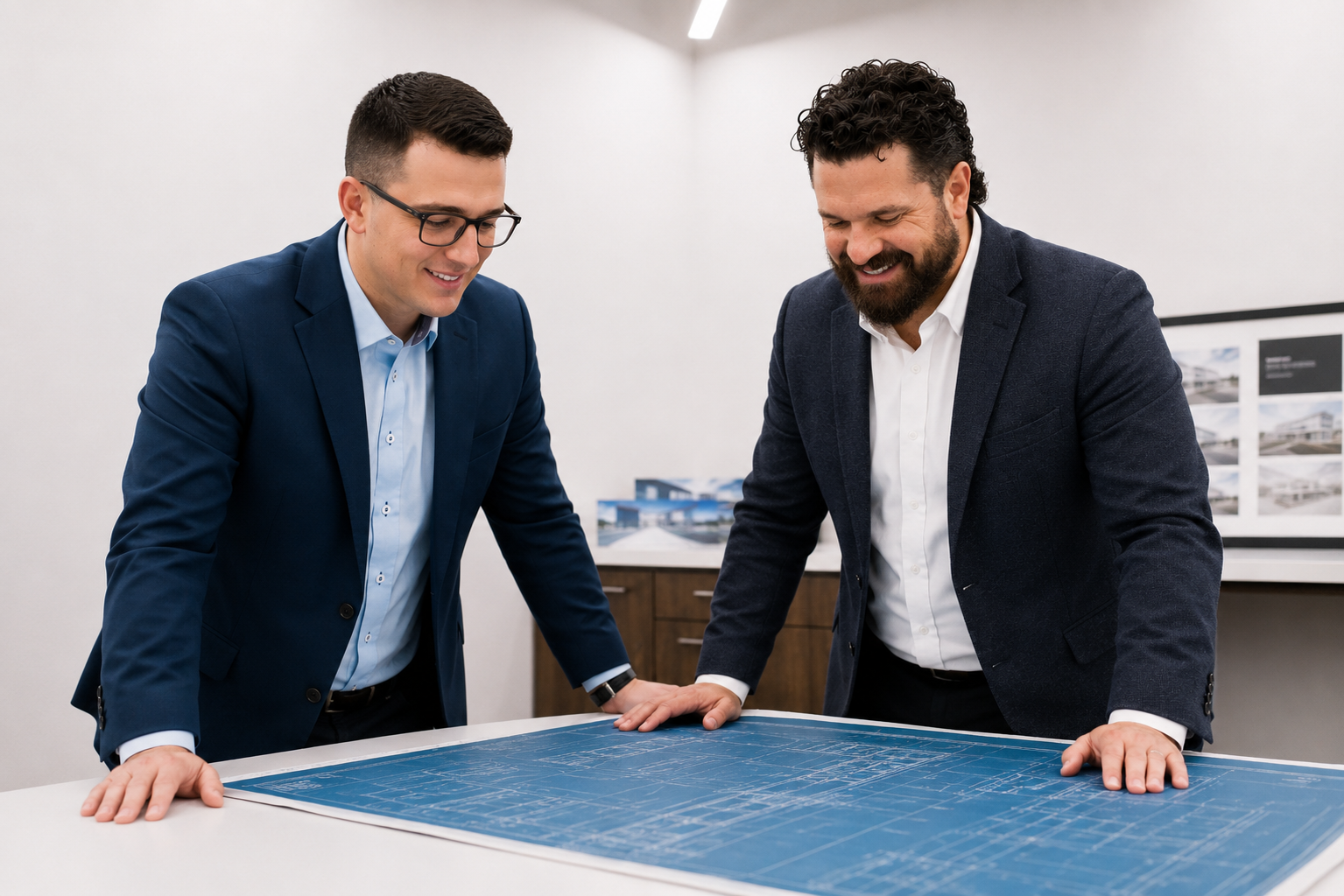 Two men in business suits examining blueprints on a table in an office.