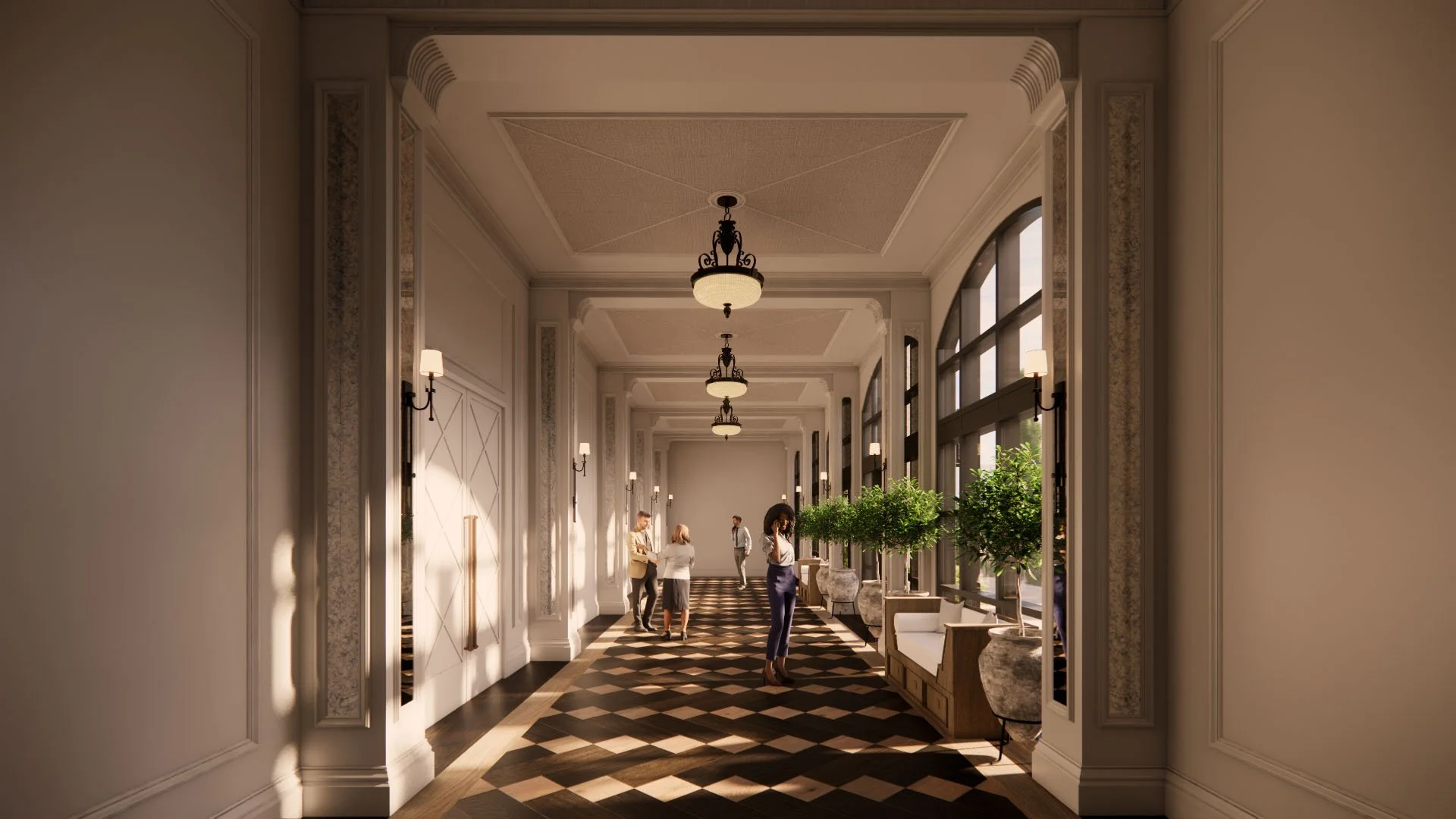 A hotel hallway with checkerboard flooring and arched windows