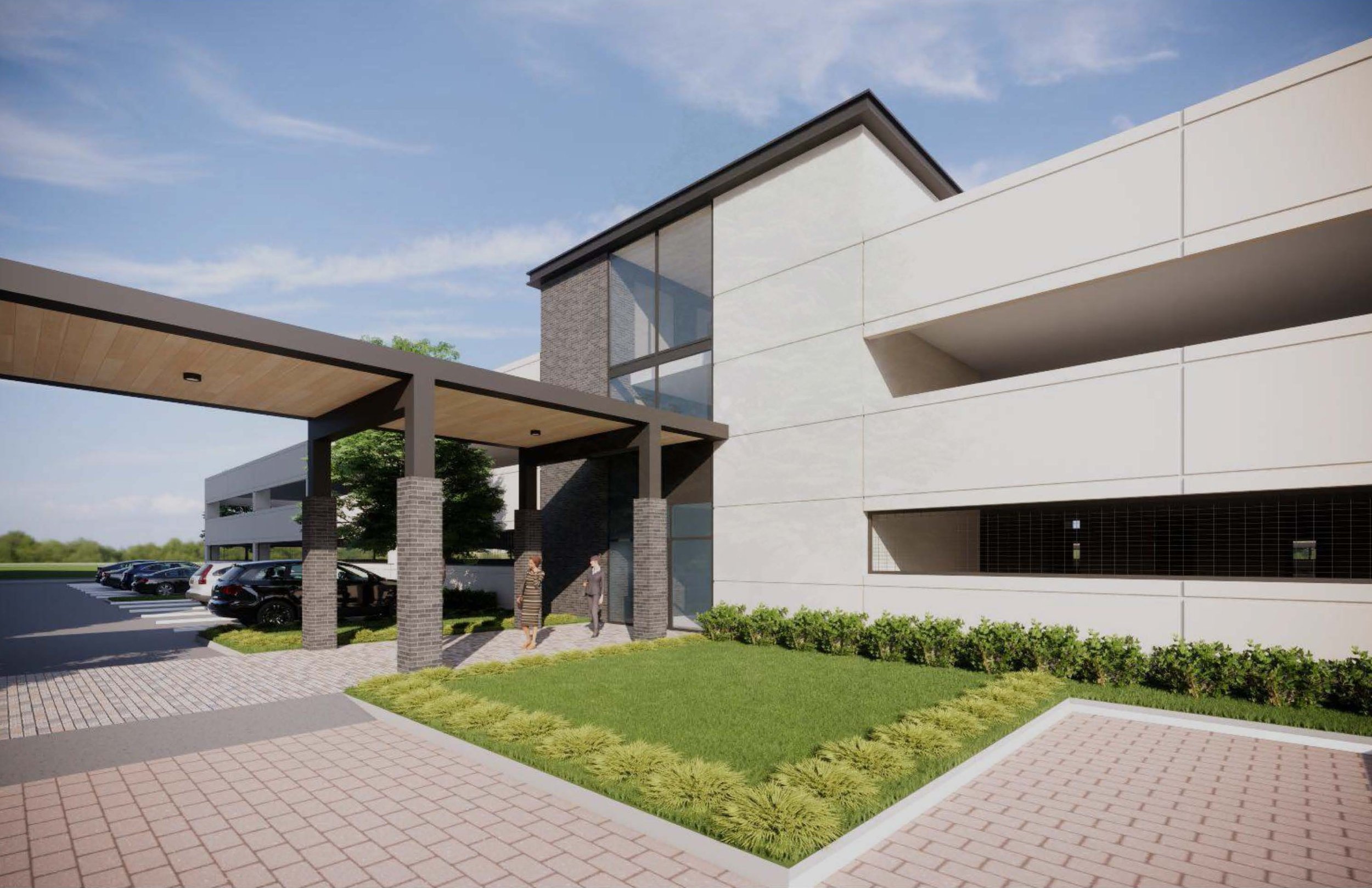 A three-story parking garage 