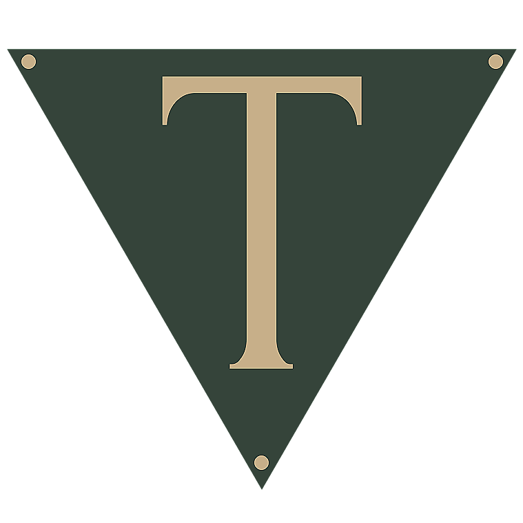 A green triangular banner with a large beige letter "T" in the center and beige dots at each corner.