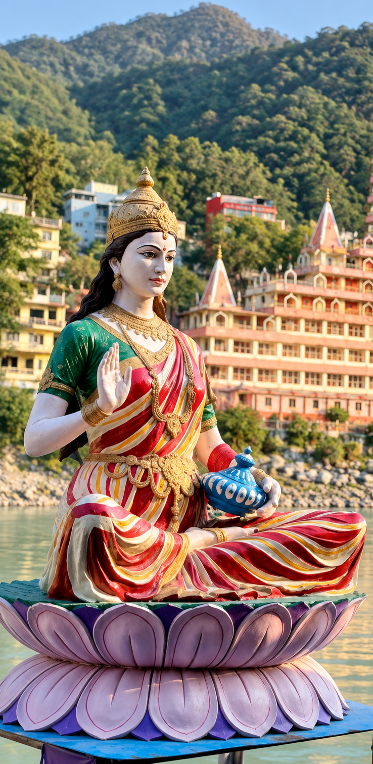 Statue of a seated Hindu goddess, adorned with jewelry and colorful clothing, sitting on a lotus flower pedestal near a river, with set of buildings and lush green hills in the background.