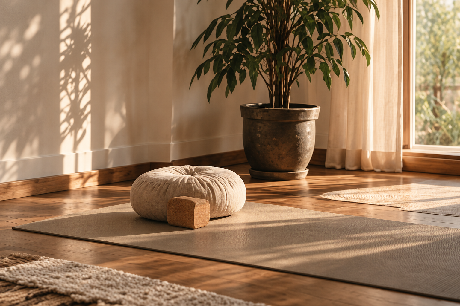A cozy yoga space with a beige meditation cushion, a small brick, a large potted plant, a rug, and sunlight coming through a curtain, creating a peaceful ambiance.