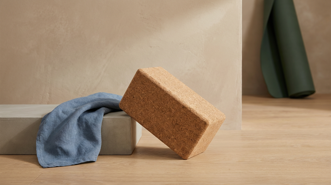 A tan brick with a rectangular shape leaning against a beige surface. A blue cloth is draped over a gray rectangular box next to the brick. There is a rolled dark green mat in the background.