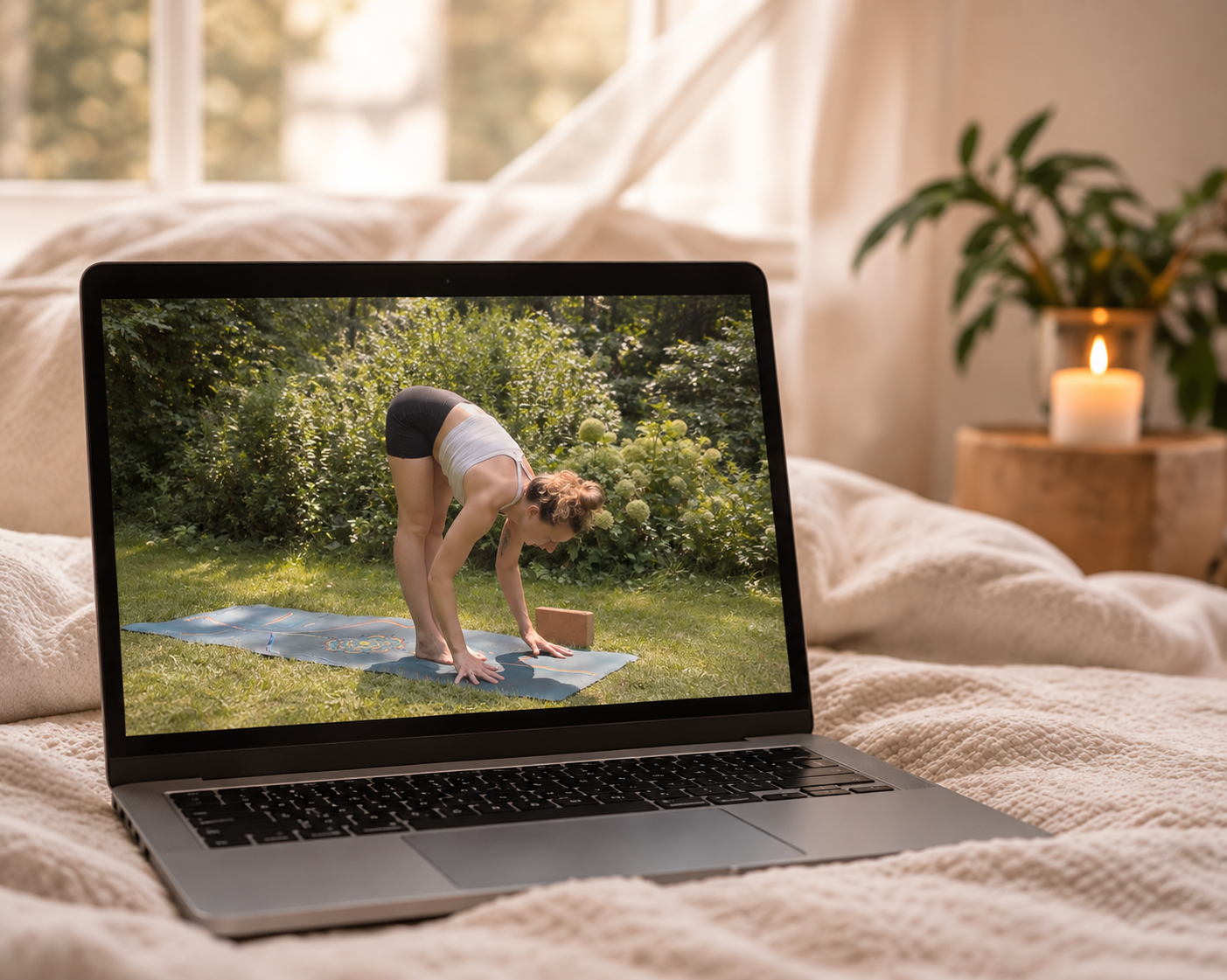 Laptop on bed displaying a woman practicing yoga outdoors in a garden.