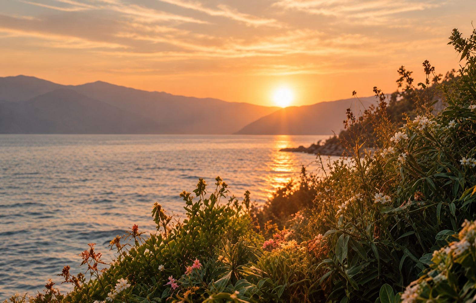 A beautiful sunset over a body of water with mountains in the background, and flowering plants in the foreground.