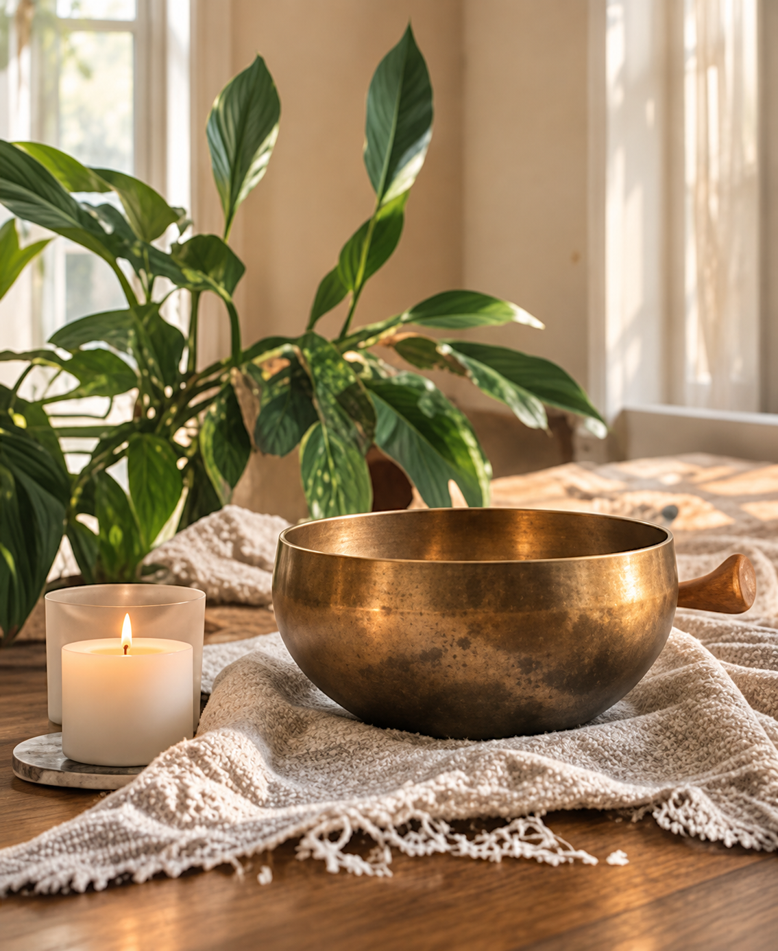 A brass singing bowl with a wooden striker on a white embroidered cloth, next to a lit white candle on a marble plate, with green houseplants and sunlight streaming through a window in the background.