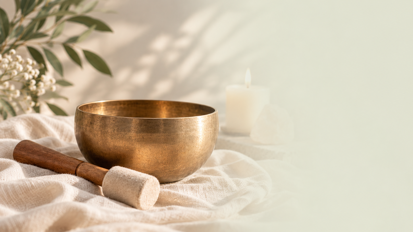 A brass singing bowl with a wooden mallet resting on a white fabric, with a lit candle and greenery in the background.