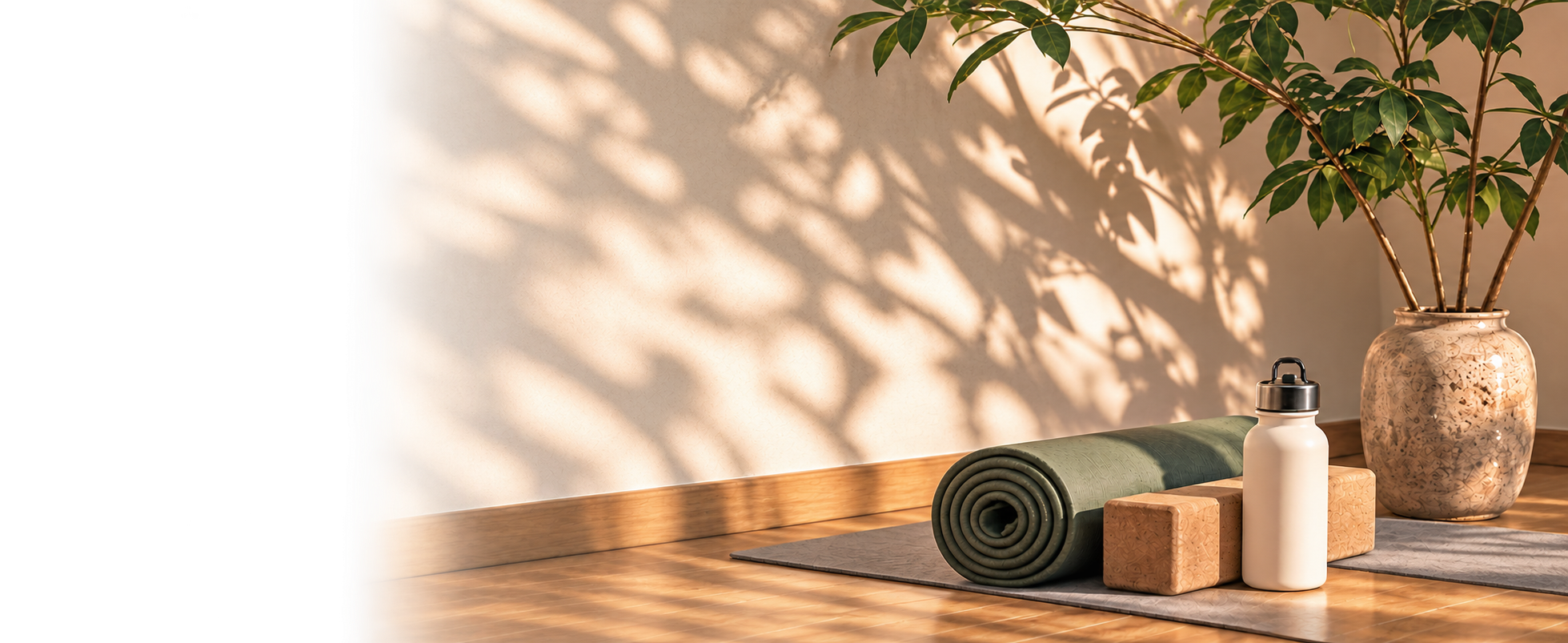 Yoga mat, water bottle, cork blocks, and a large potted plant in a cozy indoor space with sunlight casting shadows on the wall.