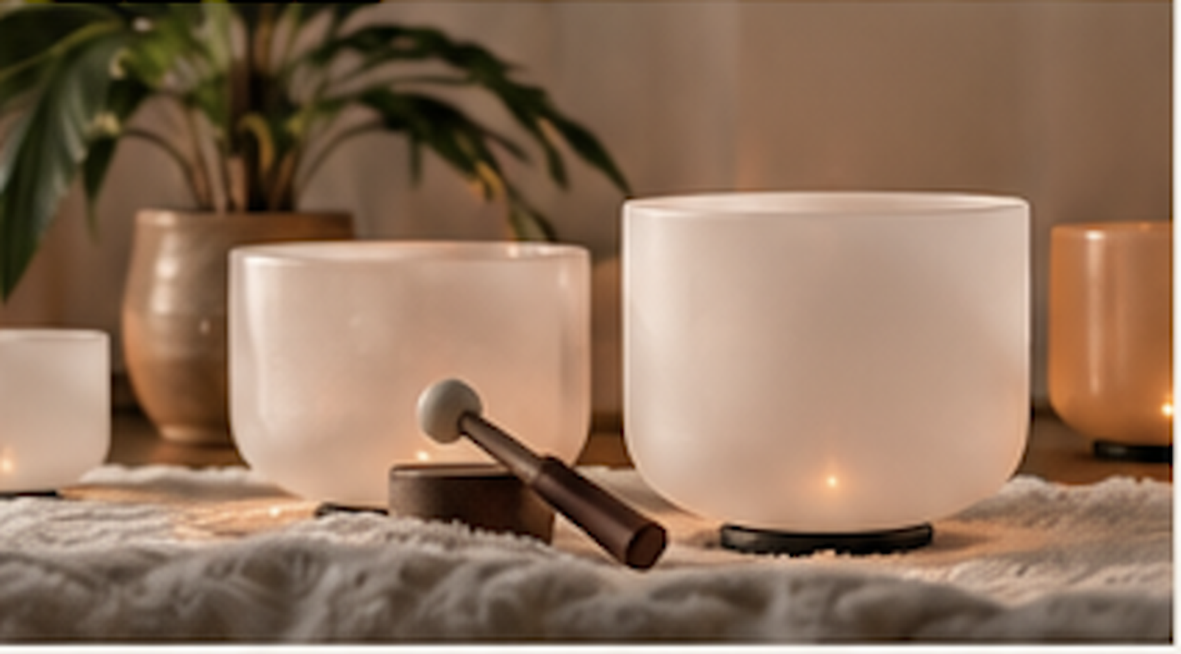 A collection of white and beige singing bowls with a mallet lying on the table, set in a cozy room with a potted plant in the background.