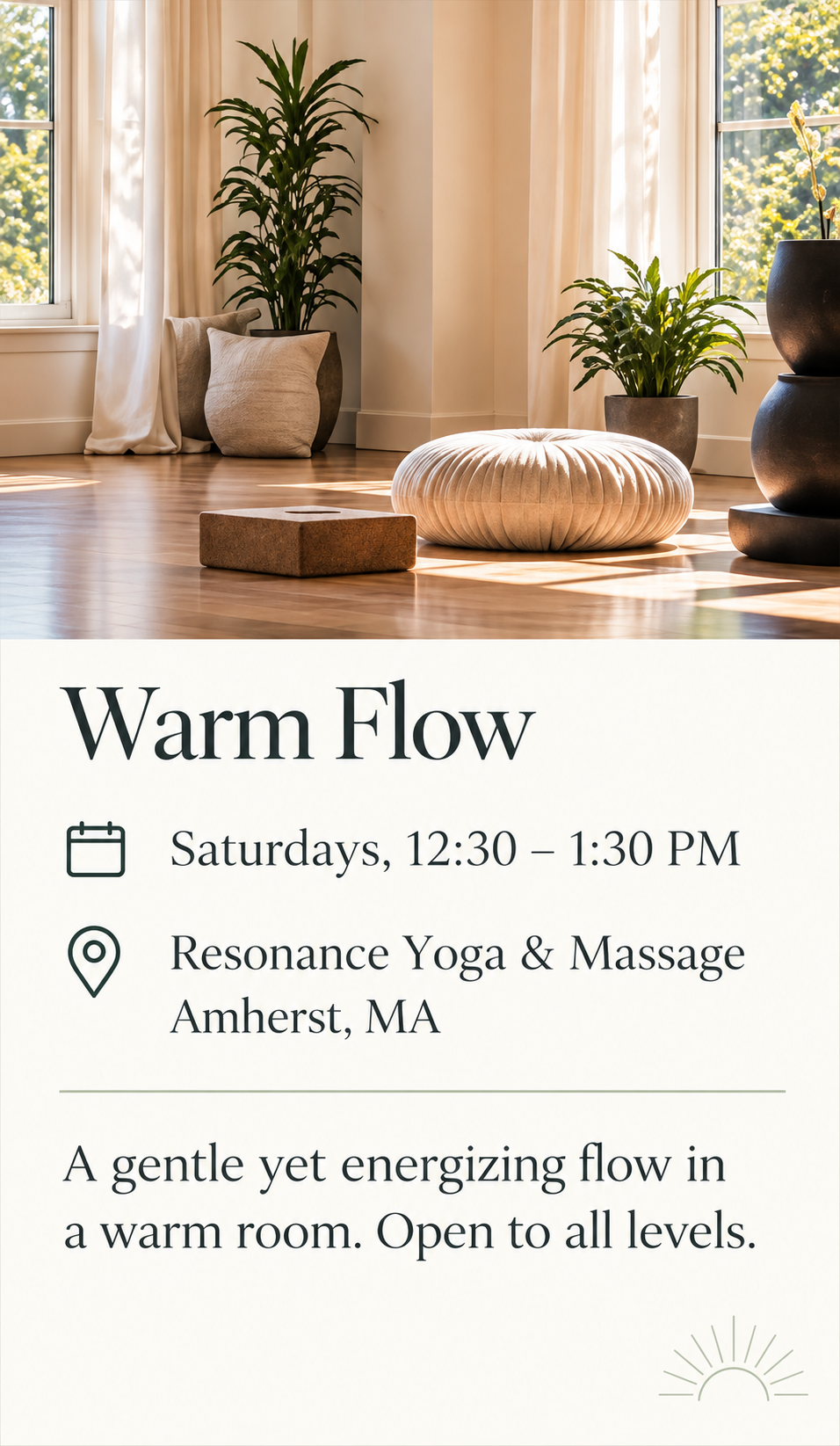Invitation for a yoga and massage class titled 'Warm Flow' with details about time, location, and description, set against a cozy, sunlit interior with plants and neutral decor.