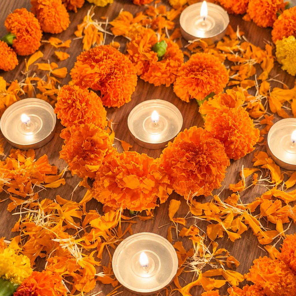 Marigold flowers and tealight candles arranged on a wooden surface for a celebration or decoration.