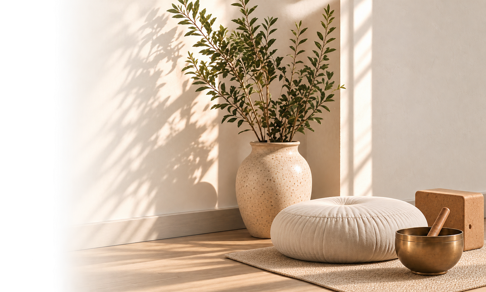 Decorative indoor scene with a large potted plant, a round cream cushion, a brass singing bowl with a wooden striker, a tan square block, and a small textured rug, all near a sunlit wall casting shadows.