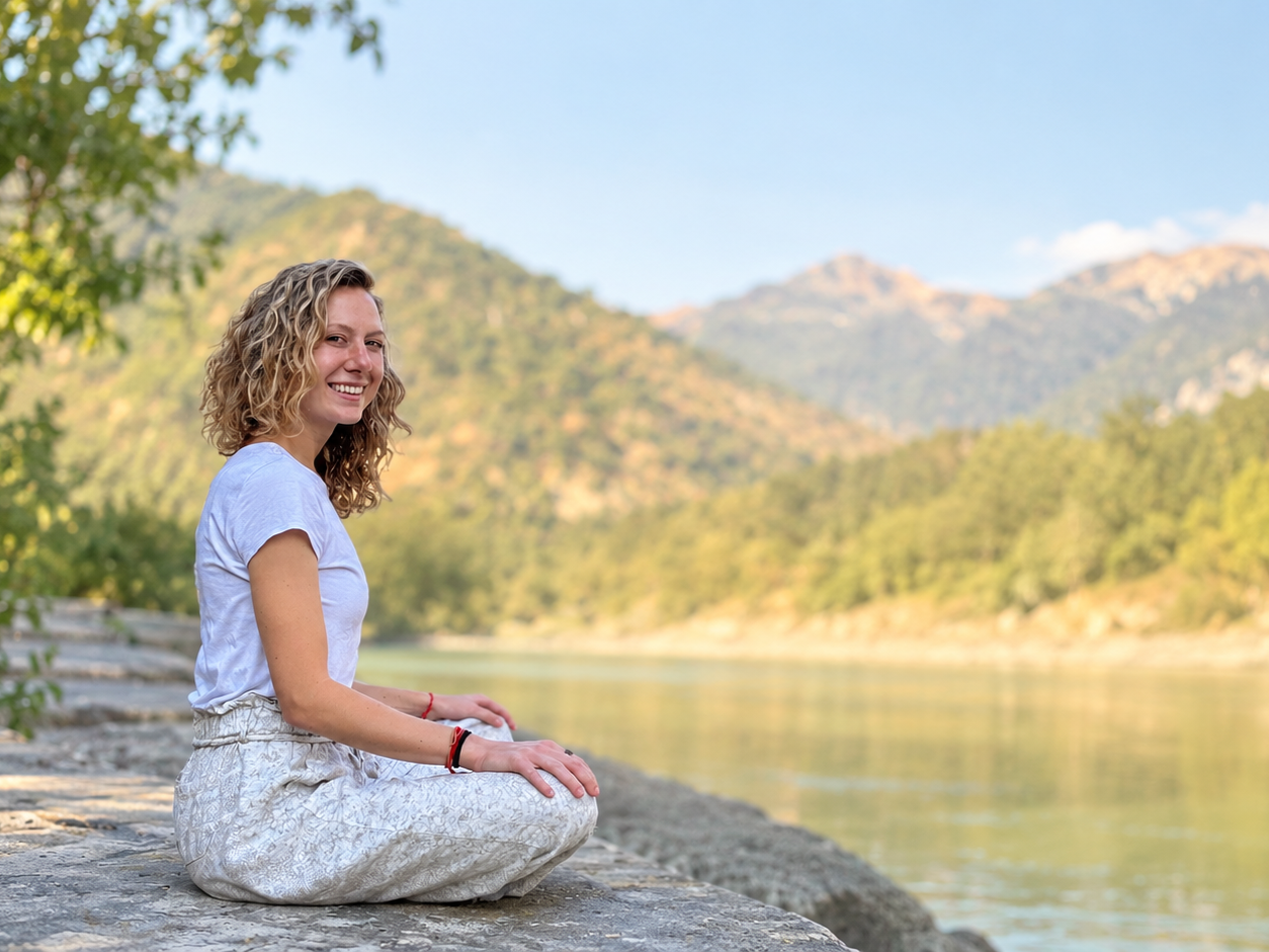 A woman with curly blonde hair sitting cross-legged on a rocky shore by a calm river, smiling at the camera. She is wearing a white t-shirt and patterned light-colored pants, with mountains and trees in the background.
