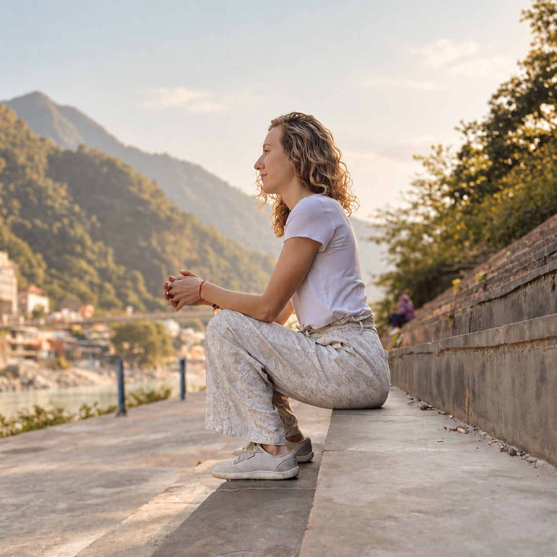 A woman with curly hair sitting on concrete steps by a river with mountains in the background during sunset, wearing a white T-shirt, patterned pants, and sneakers.