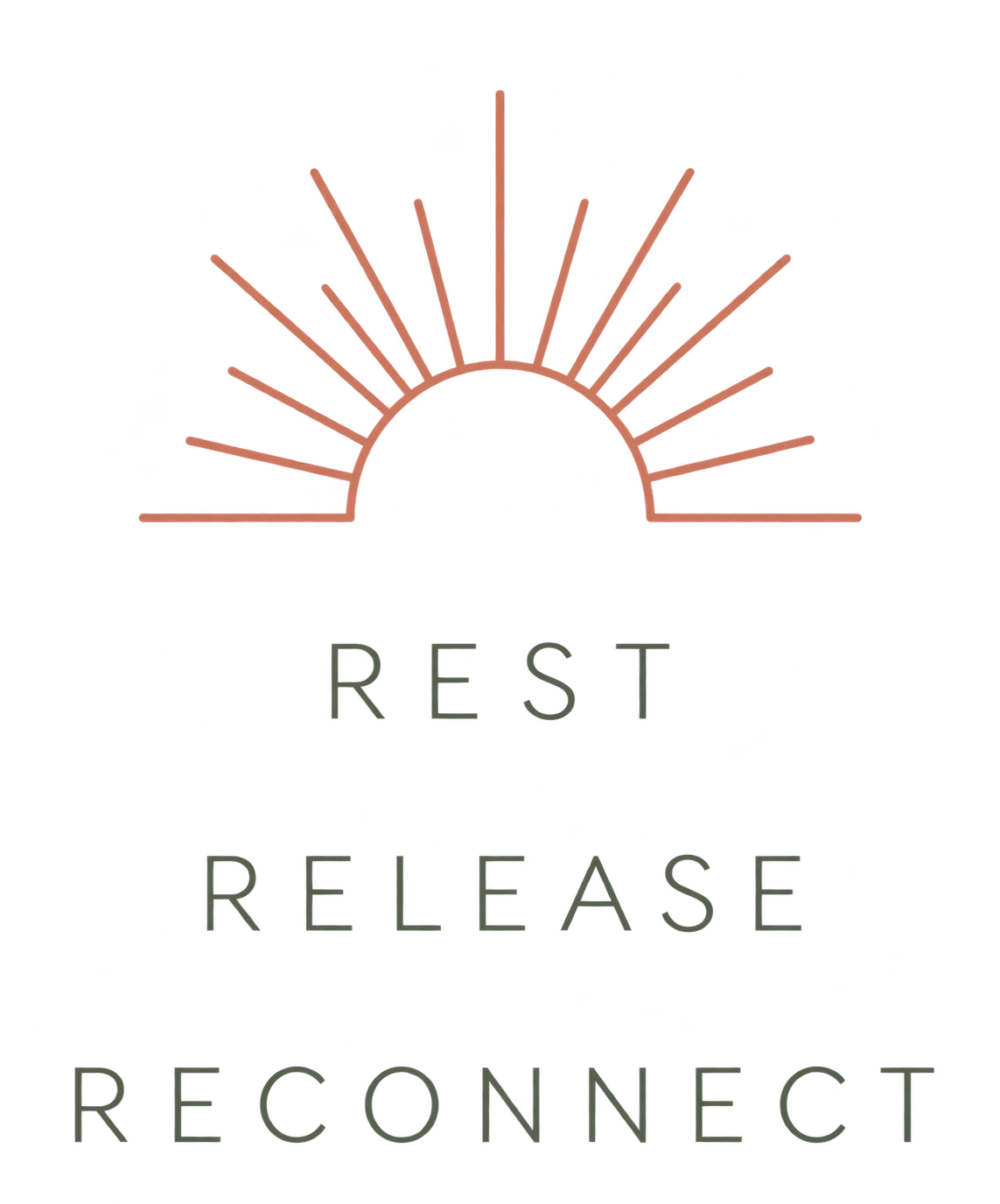 A graphic with a red sun rising or setting behind a mountain range, with the words 'Rest', 'Release', and 'Reconnect' written below.