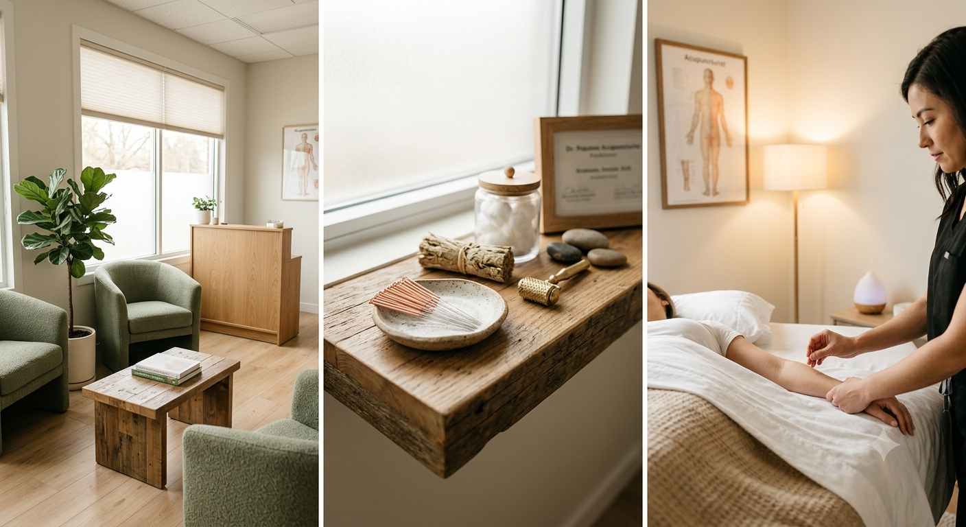 A reception area with green chairs, a wooden table, potted plant, and natural light. A close-up of a wooden shelf with wellness items like stones, candles, and essential oils. A person receiving a massage in a cozy room with a therapist, framed artwork, and warm lighting.