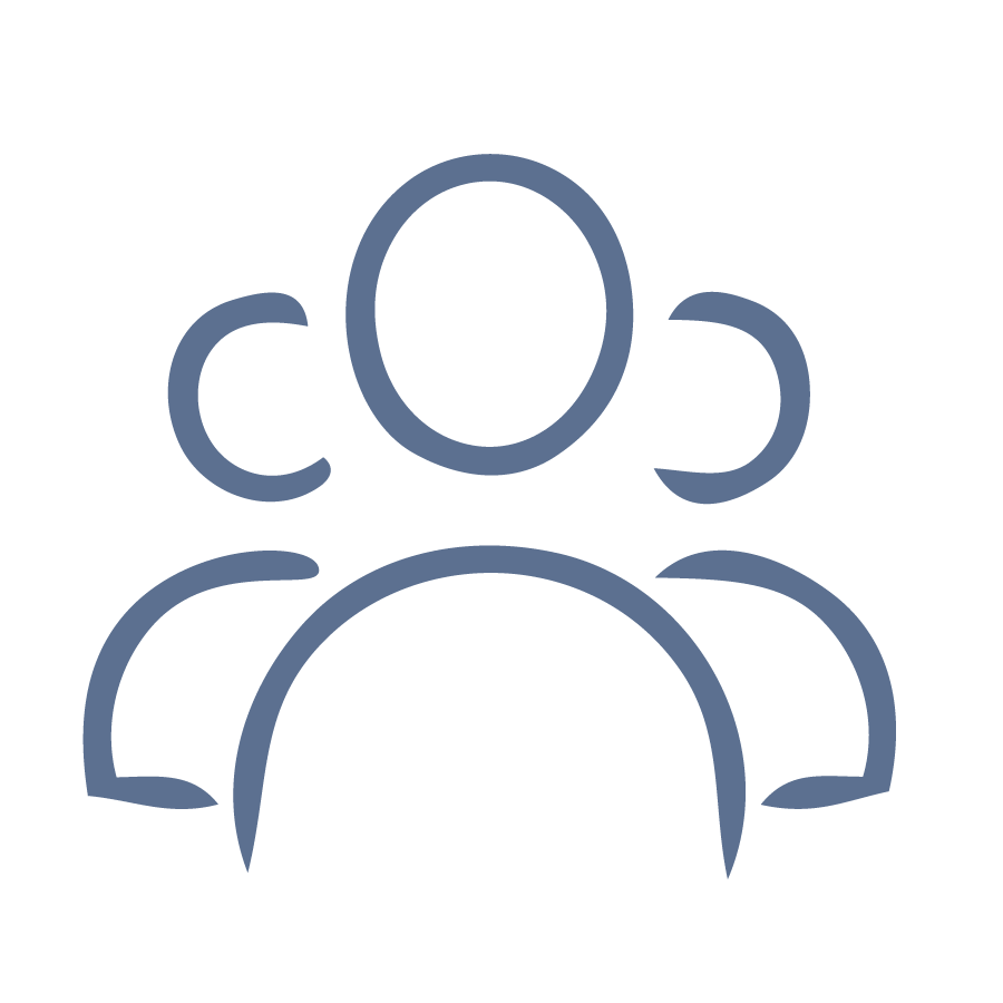 Icon of three stylized people, with one larger figure in the foreground and two smaller figures behind, representing a group or community.