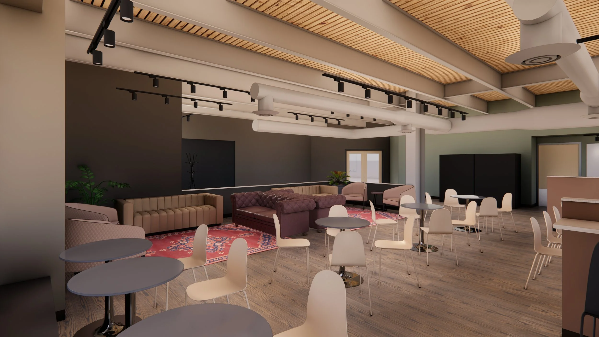 Interior view of a modern lounge area with beige sofas, white chairs, round tables, and a patterned rug, with pendant lights and a wooden ceiling.
