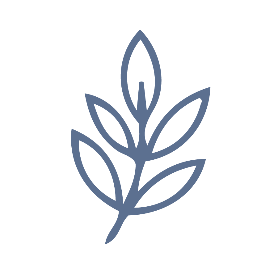 A simple, stylized line drawing of a branch with multiple leaves, in blue color.