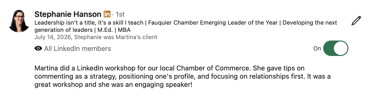 Stephanie Hanson recommendation on Martina Kikic's LinkedIn workshop for a Chamber of Commerce, praising her as an engaging speaker