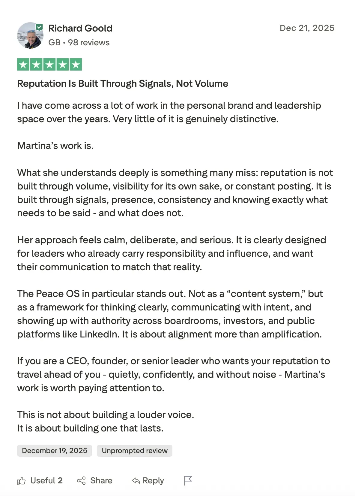 Richard Goold 5-star review of Martina Kikic's executive personal branding and reputation work