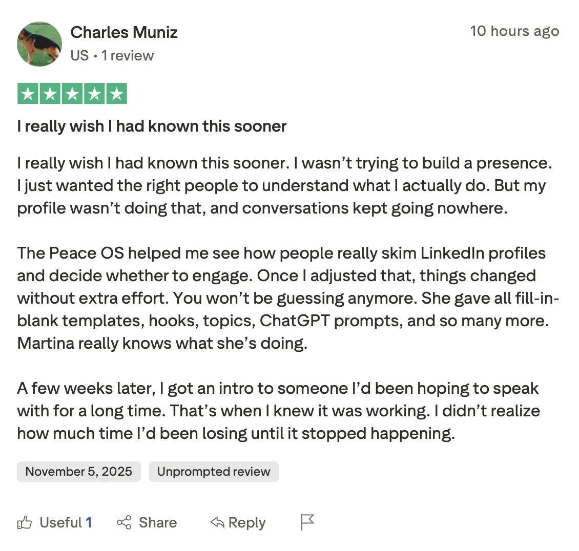 Charles Muniz 5-star review: The Peace OS made his LinkedIn profile attract the right people