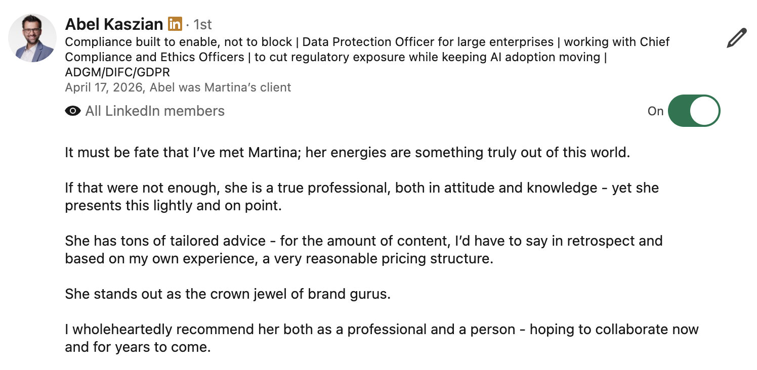 LinkedIn recommendation from Abel Kaszian, describing Martina Kikic as a true professional with reasonable pricing, calling her work in personal branding outstanding.