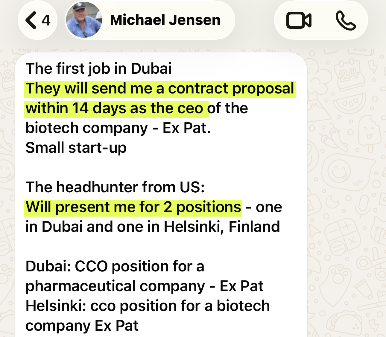 WhatsApp message from Michael Jensen saying he will receive a CEO contract proposal within 14 days, and a US headhunter will present him for 2 more C-level roles in Dubai and Helsinki.