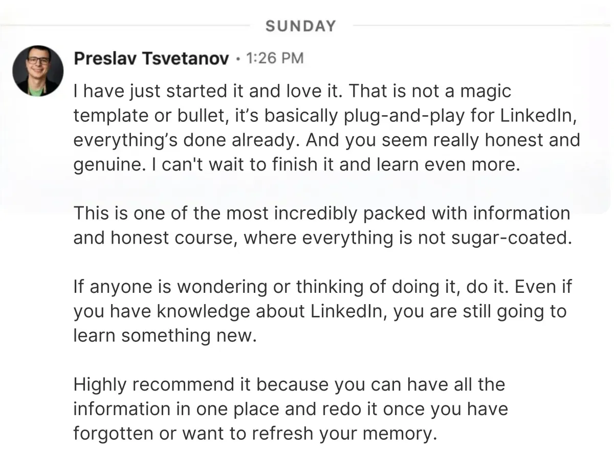 Preslav Tsvetanov review of Martina Kikic's honest, plug-and-play LinkedIn course