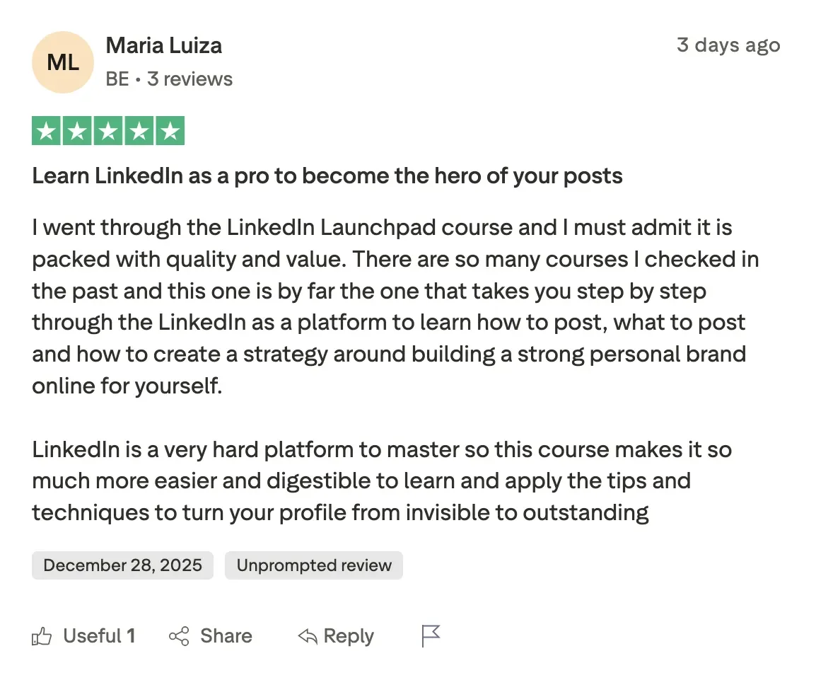 Maria Luiza 5-star review of Martina Kikic's LinkedIn personal branding course