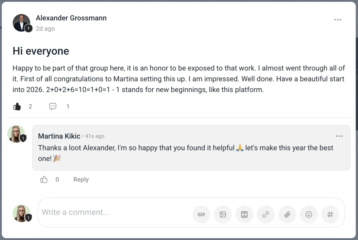 Alexander Grossmann praising Martina Kikic's The Peace OS LinkedIn community